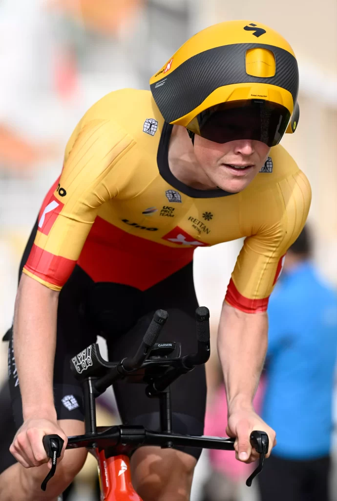 Uno-X's time trial helmet during the Tour of the Algarve in 2023