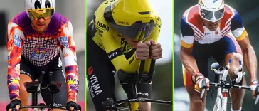 Pro cyclists in aero helmets in time trial