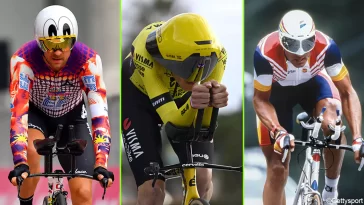 Pro cyclists in aero helmets in time trial