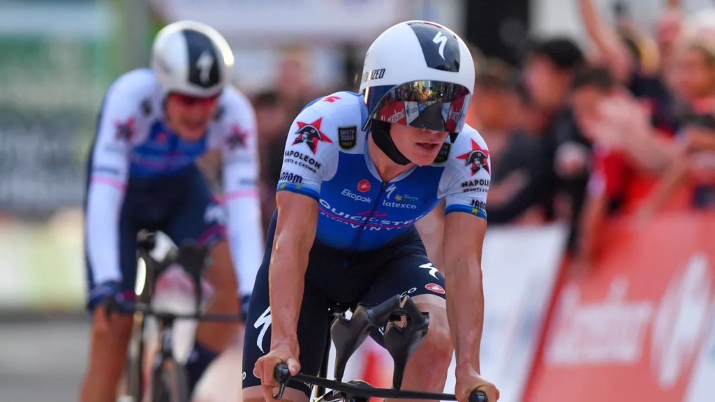 Evenepoel wearing a head sock during the team time trial of the Vuelta in 2022