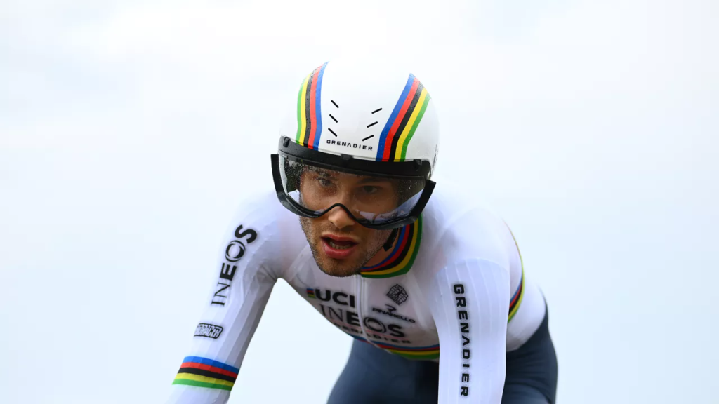 Ganna wearing ski goggles during the opening time trial of the Tour de France in 2022